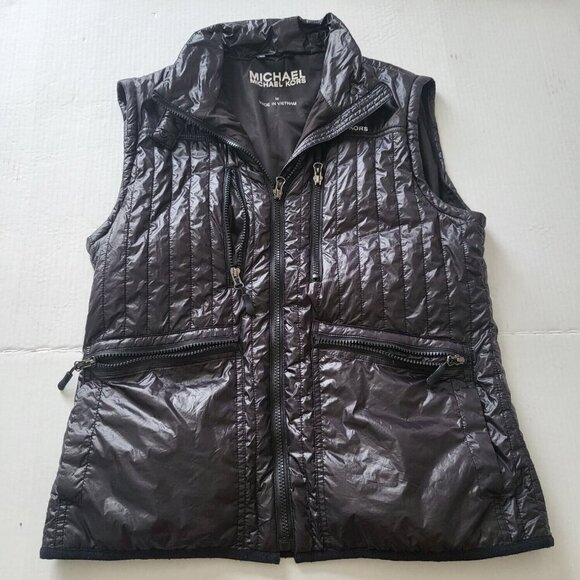 Michael Kors Black Quilted Shiny Puffer Vest Size M Full Zip Pockets High Collar - Picture 2 of 13